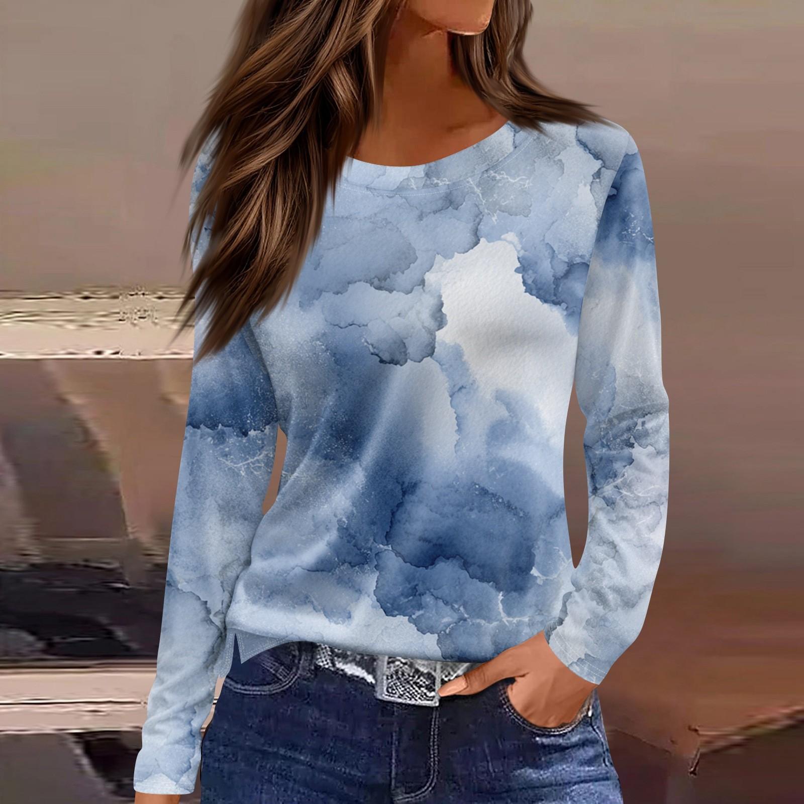 

Женская мода повседневный топ с цветочным принтом и круглым вырезом, длинными рукавами S синий