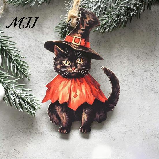 Watercolor Witch Cat Wood Decor Halloween Wooden Hanging Ornament, Decorative Pendant, Retro Black Decoration Cute Holiday Party Favors for
