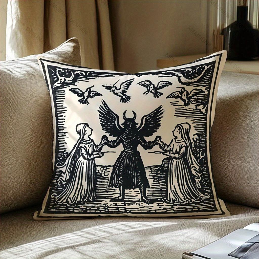 1pc Medieval Woodcut Demon Pillow Cover, Polyester 2D Double-Sided Print, Vintage Witchcraft & Devil Art, Gothic Occult Home Dec