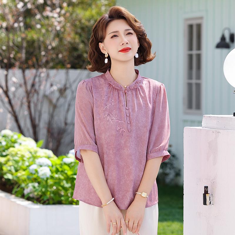 Elegant Anti-Aging Chinese Style Summer T-Shirt, Seven-Point Sleeve for Middle-Aged and Elderly Women