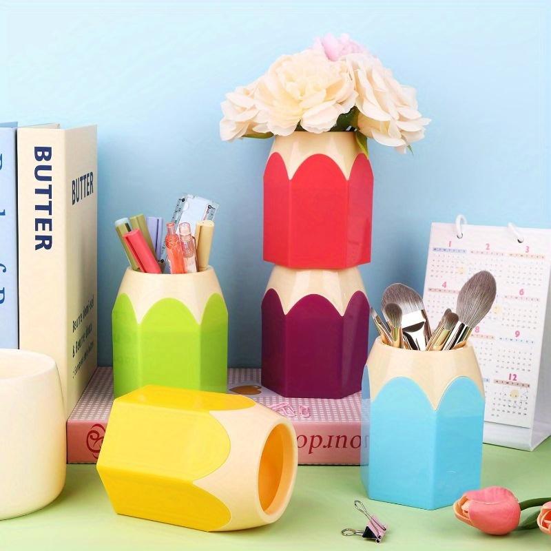 9/6pcs Cartoon Pencil-Shaped Desk Organizer Set | PE Plastic Pen Holder with Cup and Box, Office Colorful Stationery Storage