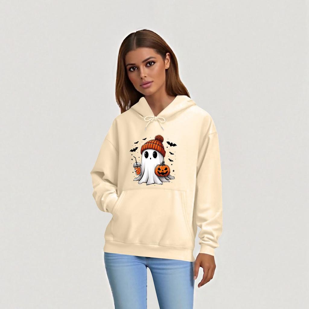 Women's O-neck Long Sleeve Halloween Printed Top Solid Color Hoodie