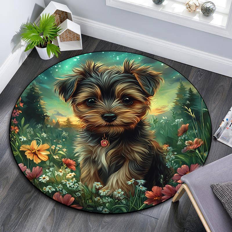 Yorkshire Terrier Round Area Rug,Carpet Rug for Living Room Bedroom Sofa Playroom Decor,Non-slip Floor Mat