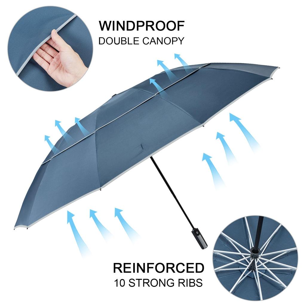 G4Free Windproof Inverted Umbrella with Reflective Large Compact Reverse Golf Umbrella for Double Canopy Travel Umbrella with Auto 62-inch Stripes,