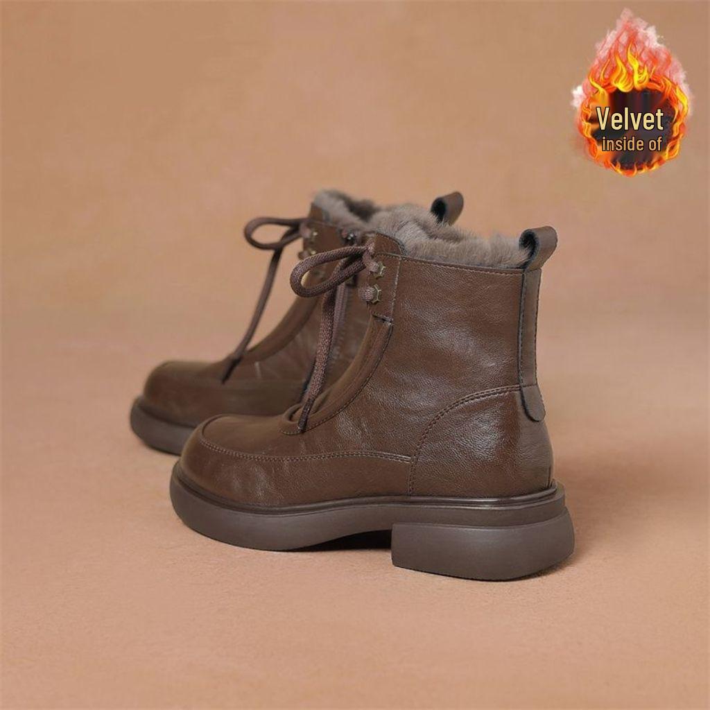 Women's Winter Thick-Soled Martin Boots – British Style, Fleece-Lined, Lace-Up Ankle Boots for Warmth in Snow, Available in Black and Brown.