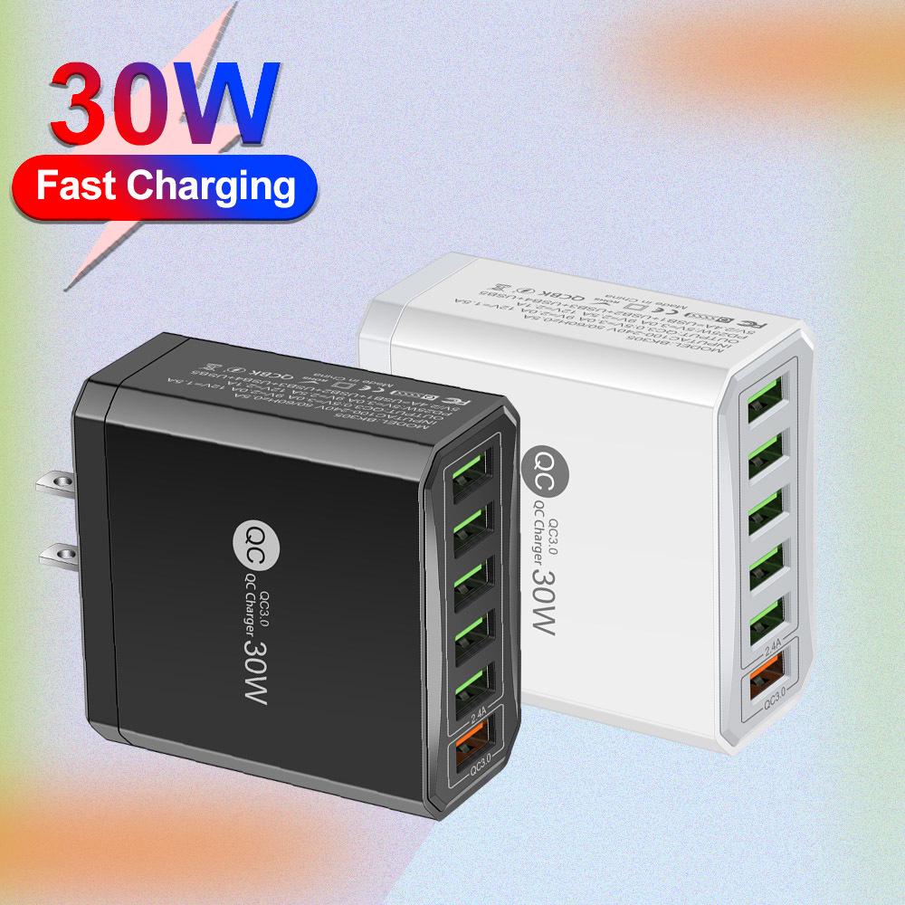 30W 6-Port QC3.0 Fast Charger with EU, US, UK, Korean Plugs