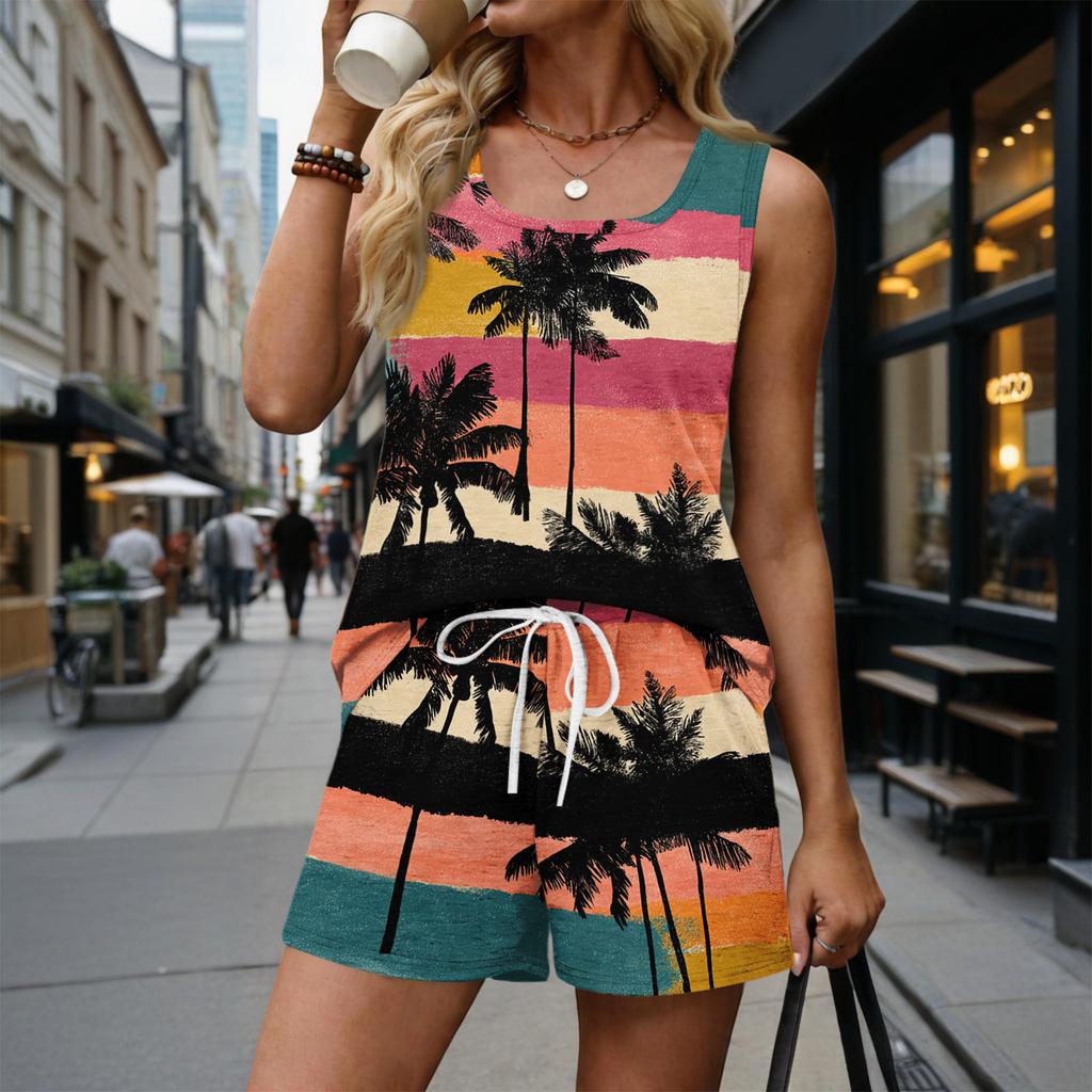 Women's Summer Casual Shorts Two-Piece Set, Hawaiian Print Vest, Square Neck Sleeveless Sports Shirt with Pockets