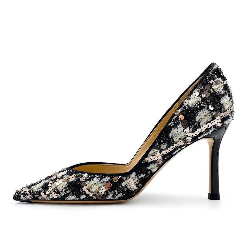 

2025 early spring new pointed head shallow mouth sequined plaid woolen stiletto single shoes women s sexy V-mouth work high heels 35 чёрный