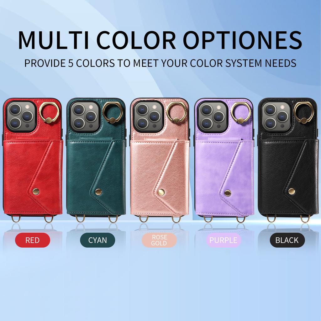 For iPhone 15 Series.for iPhone 15,15 Plus,15 Pro,15 Pro Max Shoulder Strap Rope Ring Bracket Design Card Holder Slots Lichee Pattern Cover Phone Case