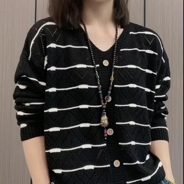 Spring Tops, Trendy Knitwear, Women's V-neck, Loose Belly, Hollow Sweater, Fashion, All-match Temperament, Long Sleeves