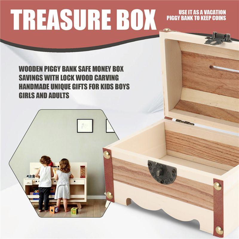 M-Modern-1PC Wooden Piggy Bank Safe Money Box Savings With Lock Wood Carving Handmade Coin Storage Box High Quality