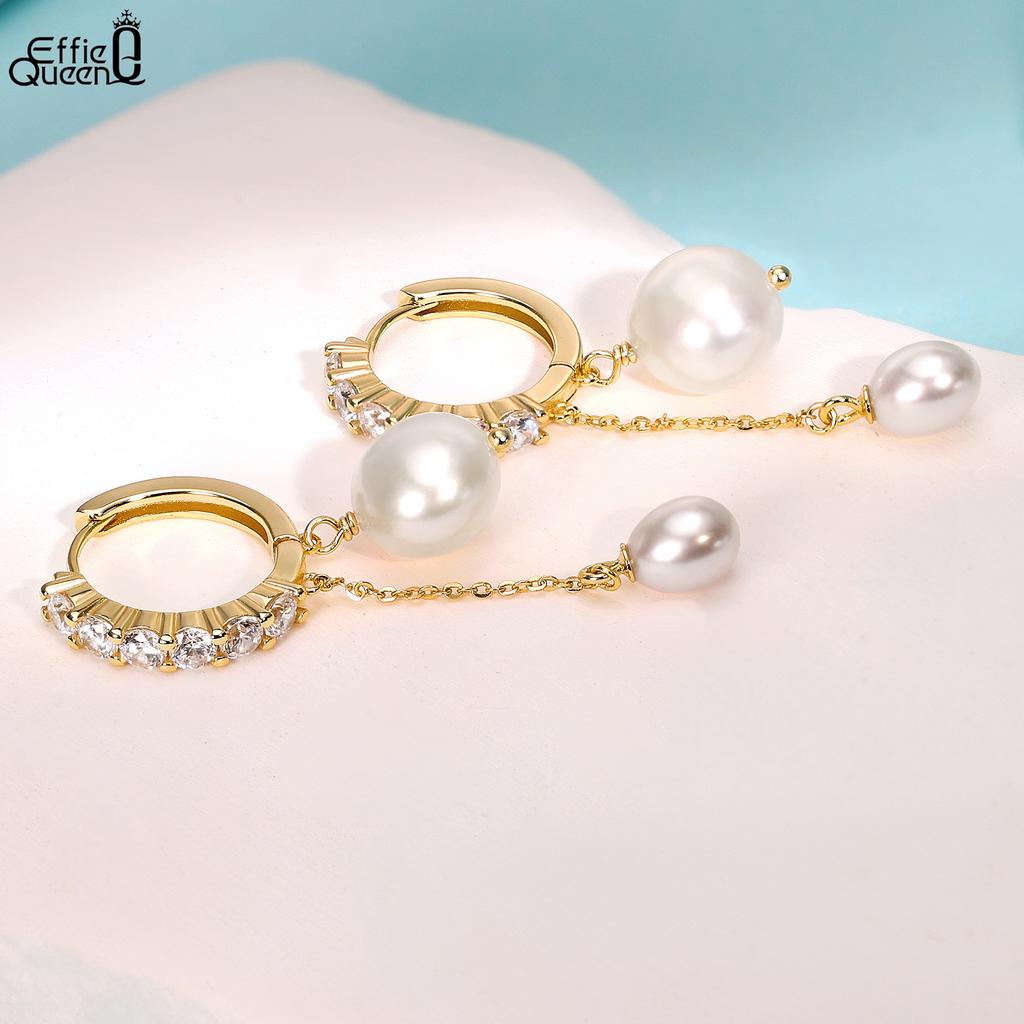 Effie Queen 925 Sterling Silver Zircon Long Drop Earring Elegant Freshwater Pearl Pendant Dangle Earring Fine Jewelry GPE126
