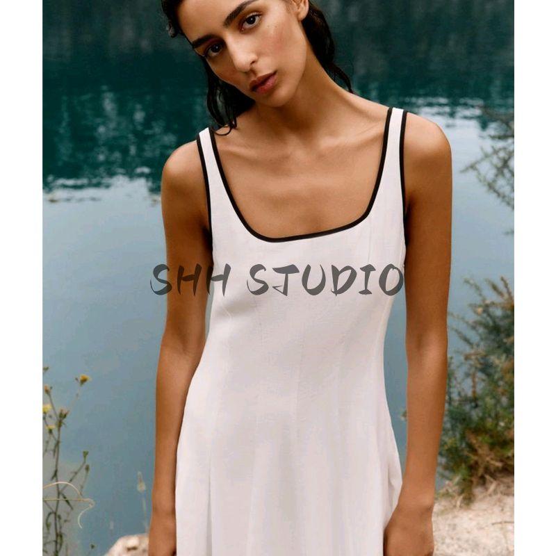 Summer New Product Women's Clothes Minimalist A- line Hem Contrast Color Trim Sling Midi Skirt Dress 8214393