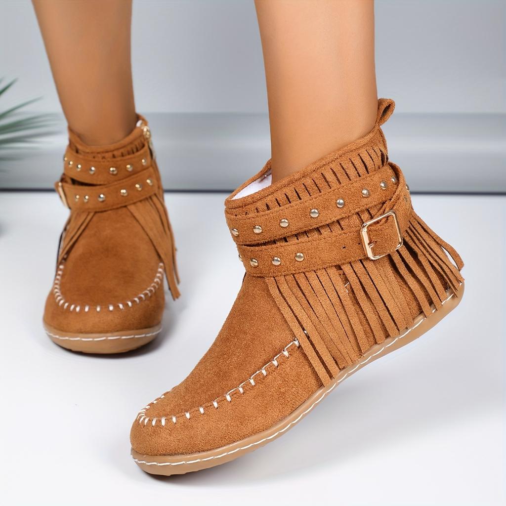 Bottes élégantes pour femmes de couleur unie, bottes d'hiver doublées en peluche avec ceinture à boucle cloutée à pompons, bottes de neige confortables à bout rond automne