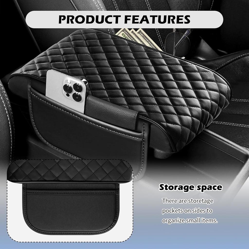 Thickened Car Center Console Cover Diamond Lattice Design,Soft Arm Rest Covers For Car With Storage Pockets,PU Leather Middle Console Covers Fit For