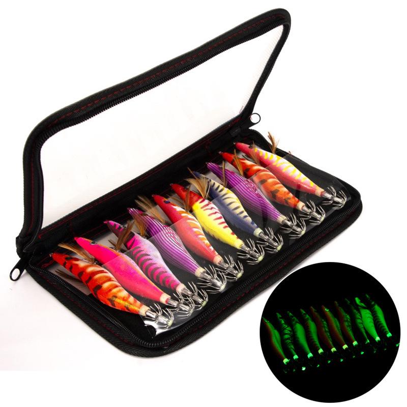 Set de señuelos luminosos fluorescentes para pesca de calamar y camarón