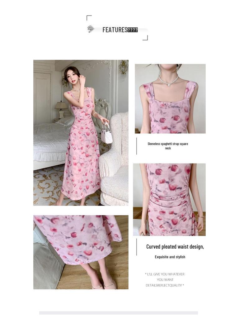 Spring Summer Floral Mesh Spaghetti Strap Maxi Dress for Women