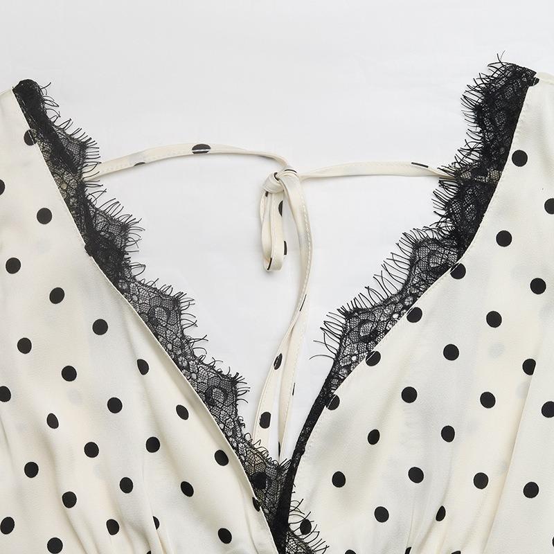 Damenmode Sommer Frühling Polka Dot Print Kurzarm V-Ausschnitt Hohe Taille Freizeitkleider
