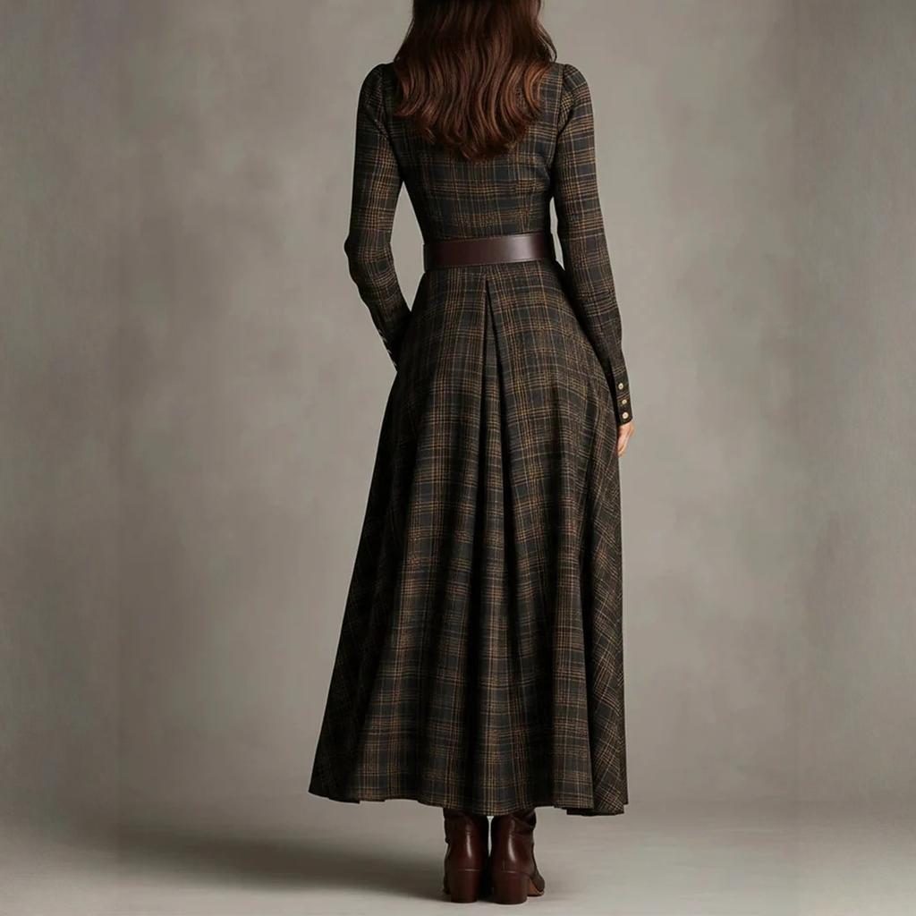 Damen kariertes Hemdblusenkleid, V-Ausschnitt, einreihig, mit Schlitz, Maxikleid