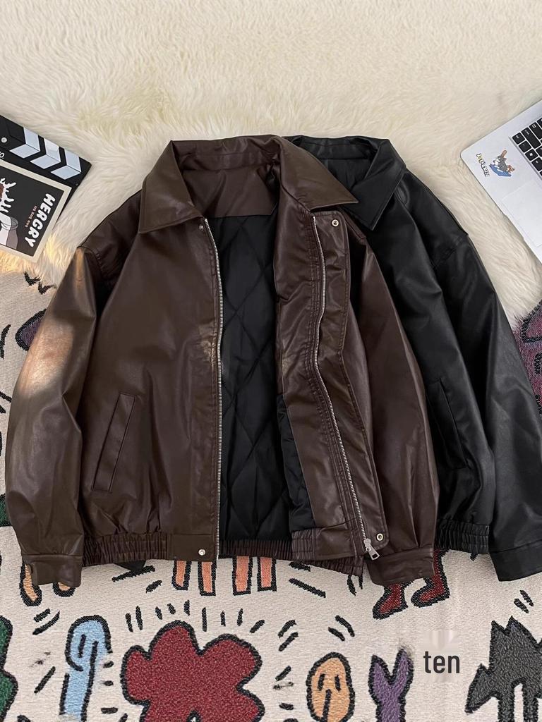 Unisex Retro PU Leather Motorcycle Jacket: Padded, Thick, Versatile & Stylish with Lapels