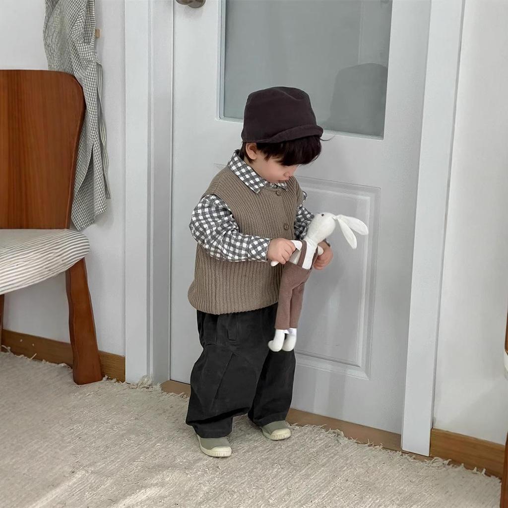 2025 New Korean Style Baby Boy Plaid Shirt & Pants Set with Sweater Vest