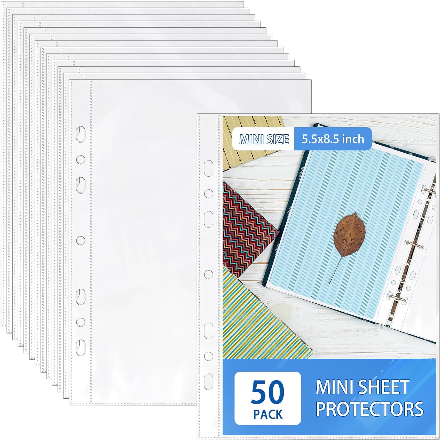 

100 Pack 5.5x8.5 Inch Sheet Protectors for 3 or 6 Ring A5 Binder, Half Letter Size 7 Holes Mini Heavy-Duty Sheet Protector Sleeves Crystal Clear 50