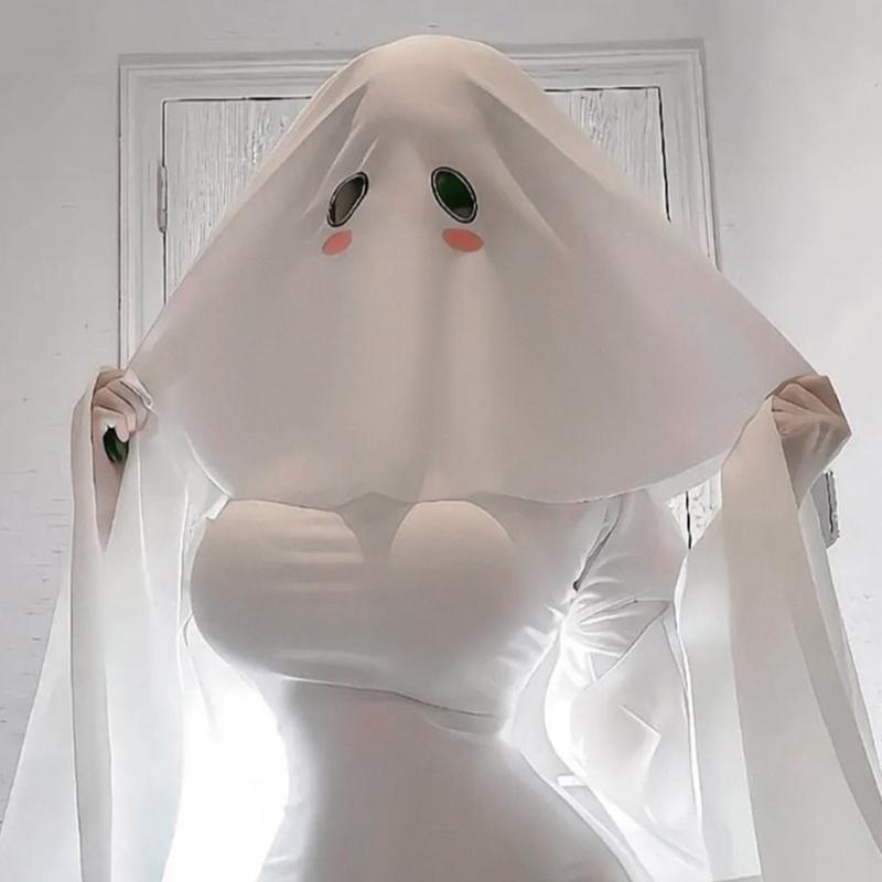 White Phantom Hooded Scarf For Horror Cosplay Stretchy Polyester Fabric Head Cover Ideal For Haunted House Event