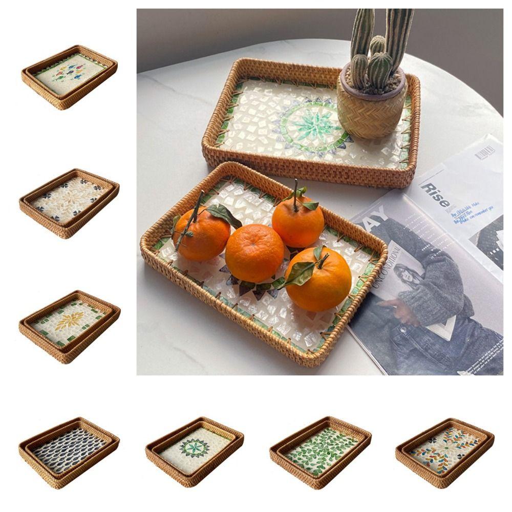 2pcs Rectangular Weaving  Storage Tray Handmade Fruit Dish Basket  Organizer Tray