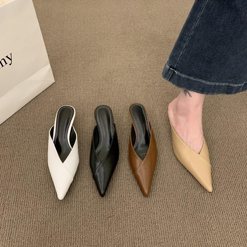 Baotou pointed half slippers, summer cool slippers, black high-heeled medium-heeled stiletto mullers