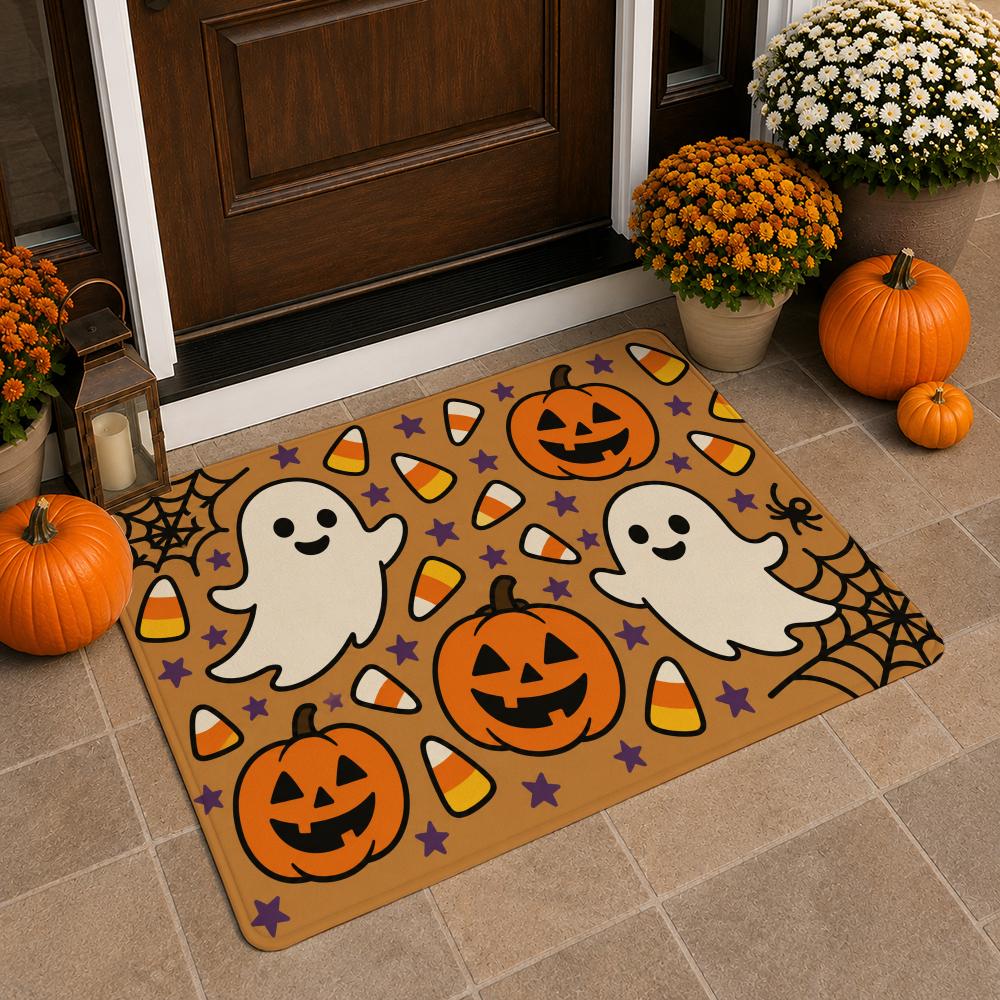 Happy Halloween Bath Mat Pumpkin Ghost House Bat Pattern Non‑Slip Absorbent Floor Rug for Bathroom Entryway Home Halloween Party