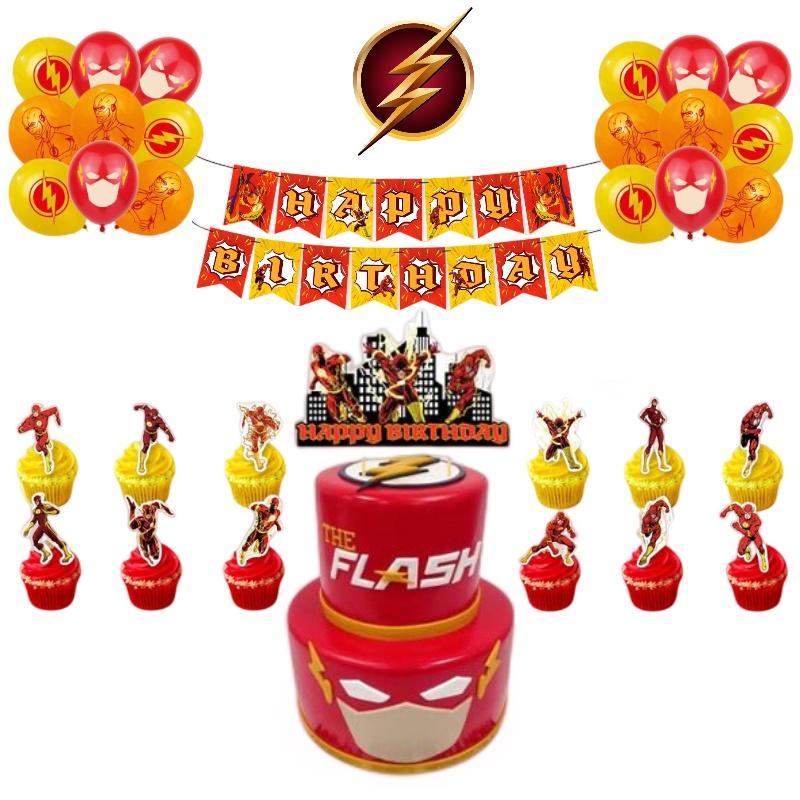 The Flash Themed Birthday Party Decorations Set With Banner, Cake Topper, And Balloons