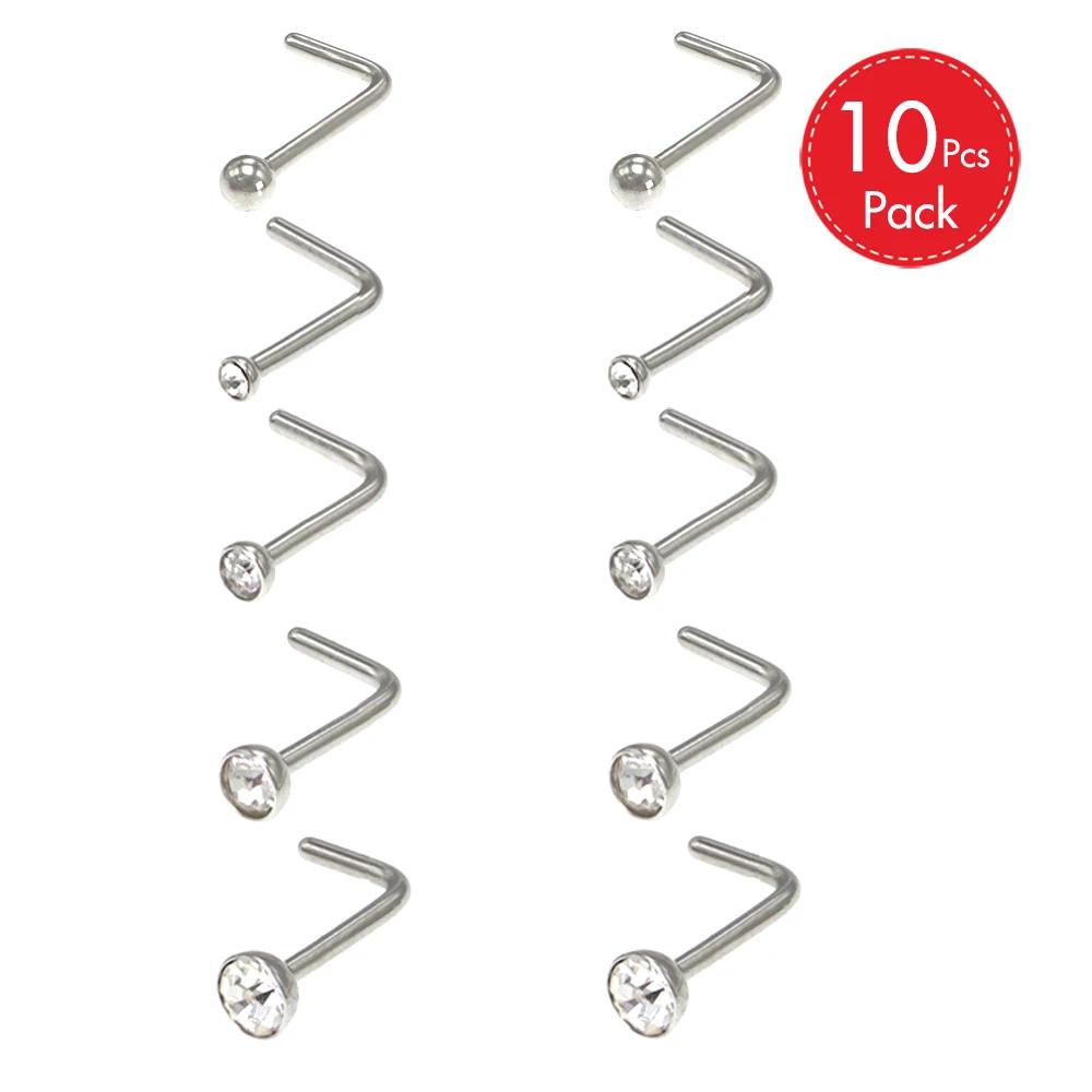 

10Pcs Stainless Steel Nose Piercing Studs Nostril Ring Ball Crystal Gem Piercings Jewelry Bone L S Shape 18G 20G Gold Color 1.0x7mm 18g