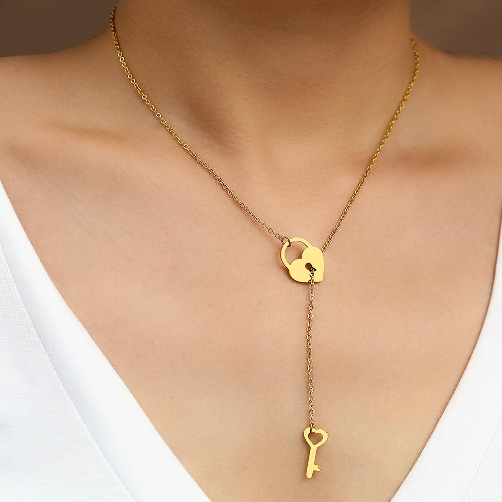 Stainless Steel Necklaces Trendy Fine Heart Lock Key Independent Pendants Fashion Chains Choker Necklace For Women Zircon Gifts
