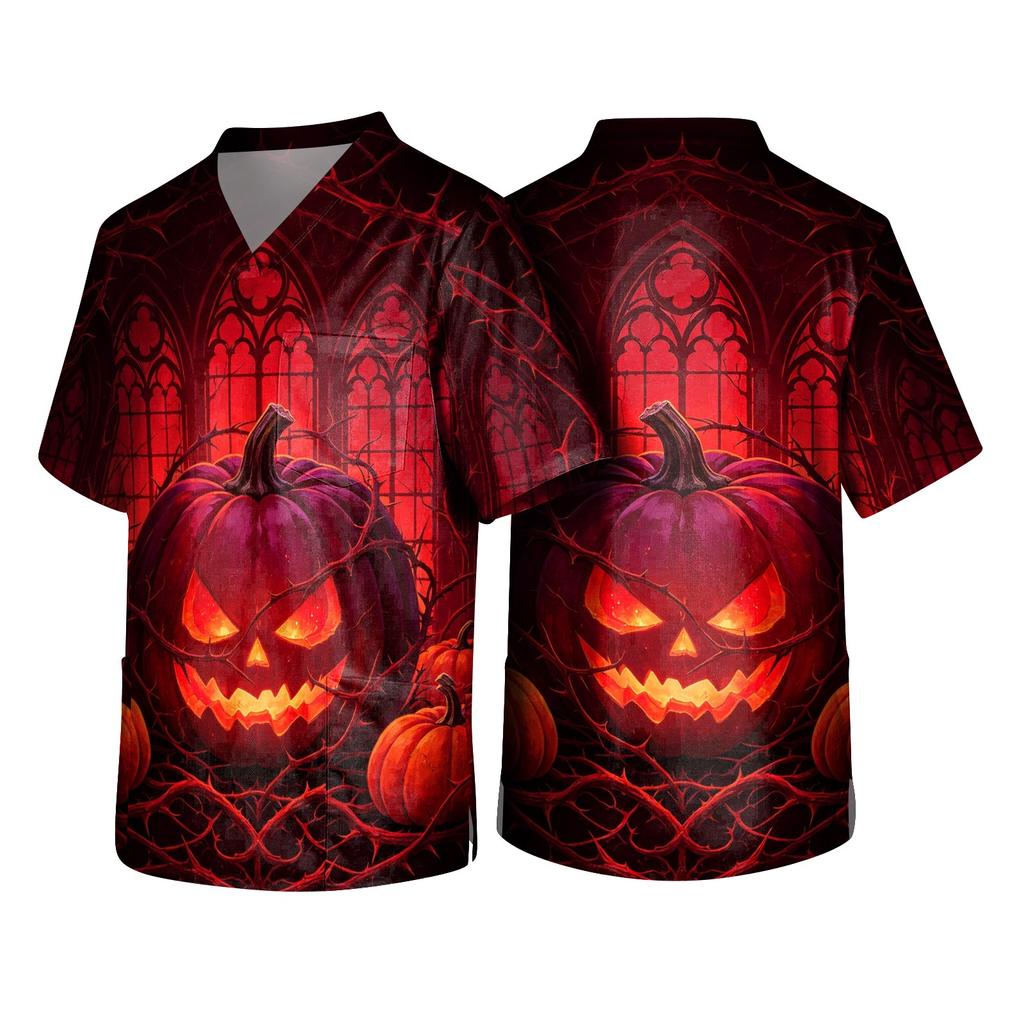 Haut d'uniforme pour soignant, Halloween, imprimé, col en V, manches courtes, poche, haut de travail