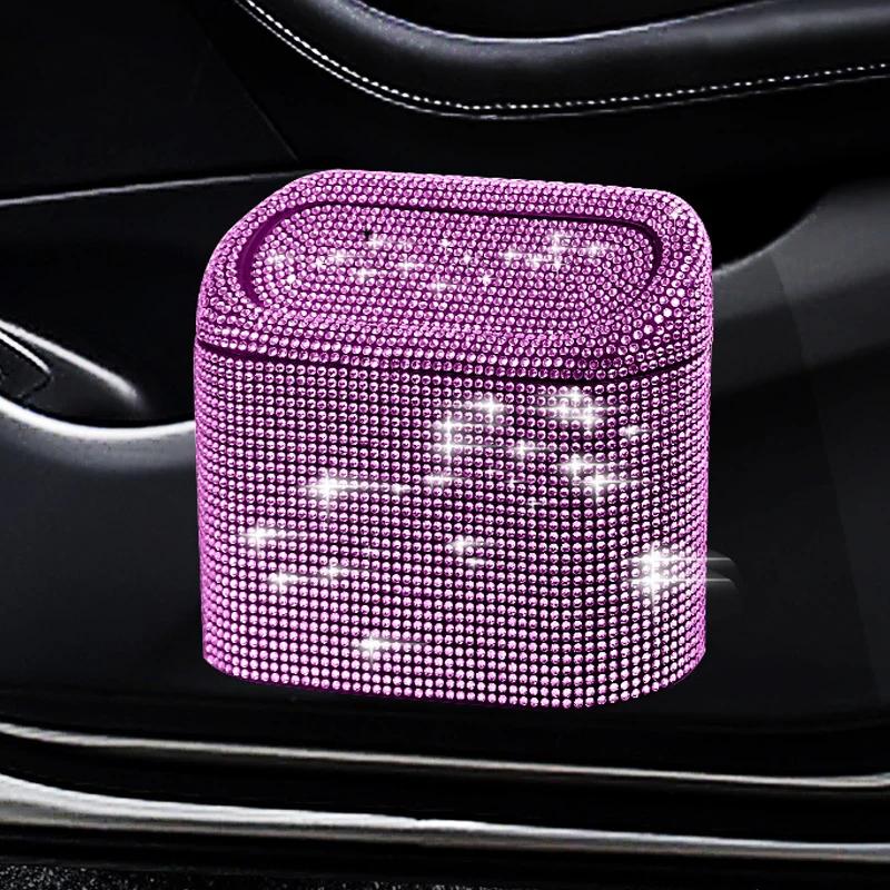 Luxury Bling Rhinestone Car Trash Bin Hanging Garbage Dust Case Storage Box Pressing Type Trash Can Auto Interior Accessories