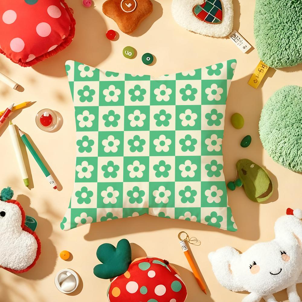 Checkered Flower Pattern Pillow Case Plush Fabric Soft Double-Sided Printed Sofa Warm Winter Home Gift Cushion Cover