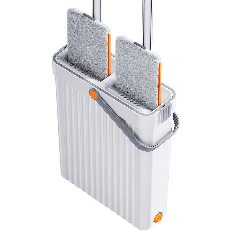 Kompaktes Wischmop- und Eimer-Set: Freihändiger Wasch- und Trocken-Flachmopp mit Schmalspalt-Schaber