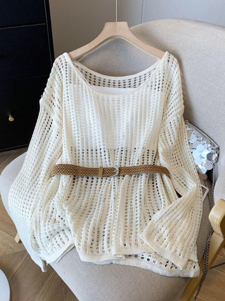 Spicy Girl Sexy Hollow-Out Long-Sleeve Knitted Sweater, 2025 Spring Collection - Loose Fit, Lightweight Women's Top