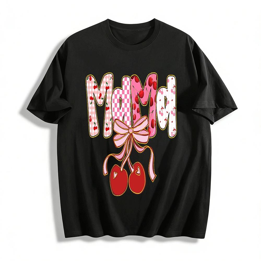 Vintage Cherry Bow MAMA Print Casual Crew Neck Short Sleeve Top Pure cotton T-shirt XXS
