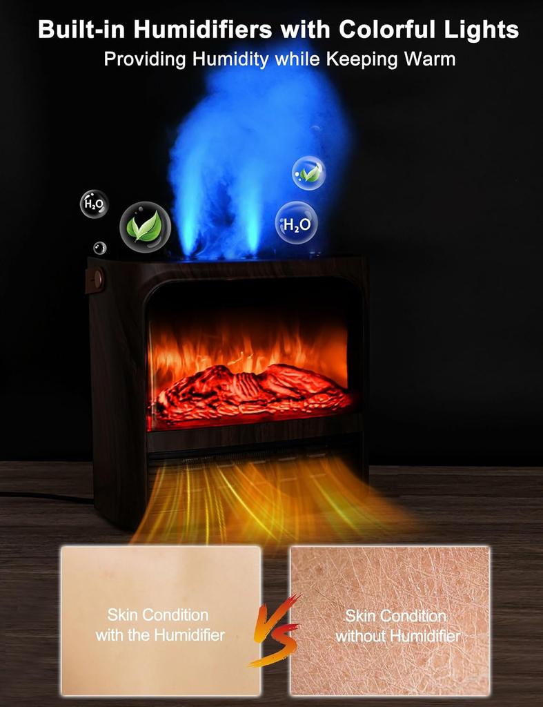 Electric Fireplace Heater 3D Flame, Humidifier, Thermostat, Remote Control, 1500W Portable Space Heater