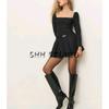 Spring New Women's Clothing Fashion Style Casual Minimalist Square Collar Long Sleeve Hem Pleated Short Mini Dress