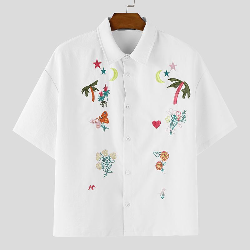 

INCERUN S-XXXXXL Men Short Sleeves Embroidery Casual Loose Summer Shirts Tops білий