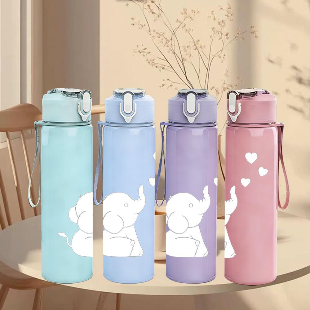 1PC Cute Baby Elephant Outline 750ml Color Plastic Sports Water Bottle Leakproof Flip Straw Lid Suitable for Sports Office Home Use