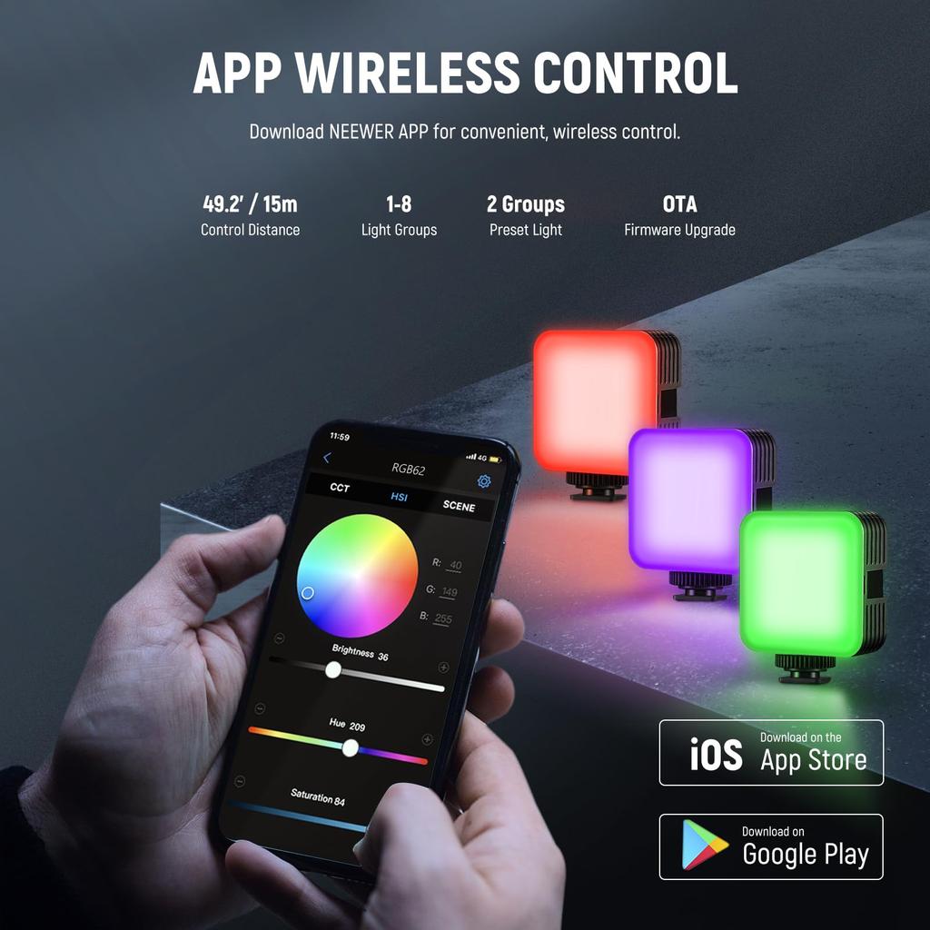 NEEWER RGB62 Magnet Video Light RGB Shooting Light APP Control 360° Full Color LED Camera Light CRI97+ Dimmable 2500K-8500K 17 Scene Modes