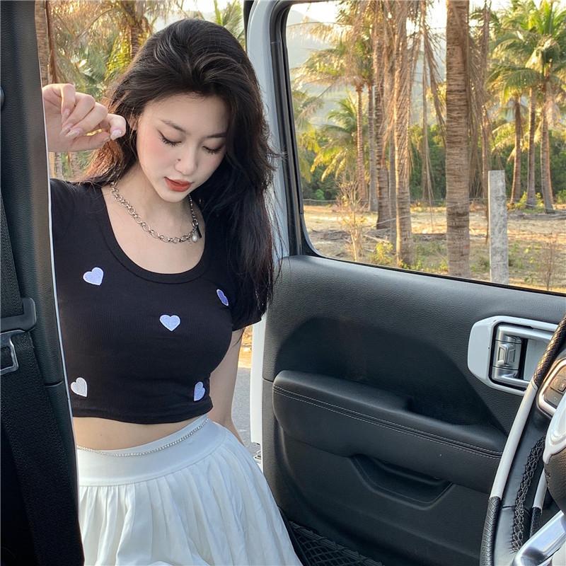 Knitted Threaded Love Embroidered Short-sleeved T-shirt for Women with Hot Girls High Waist Slim Summer New Style Short Top
