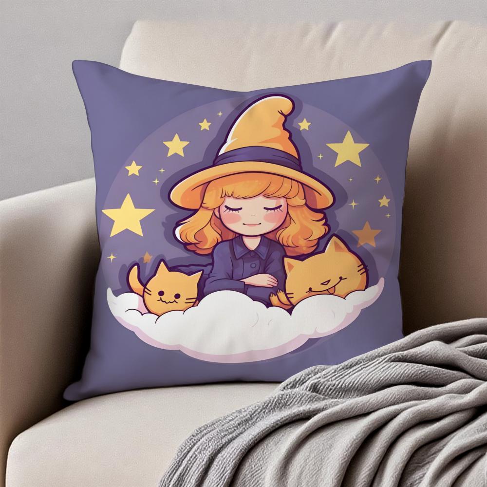 A Cute Cartoon Witch Childlike Art Cushion Cover Pillowcase Antidustmite Invisible Zipper Short Plush Sofa Cushion