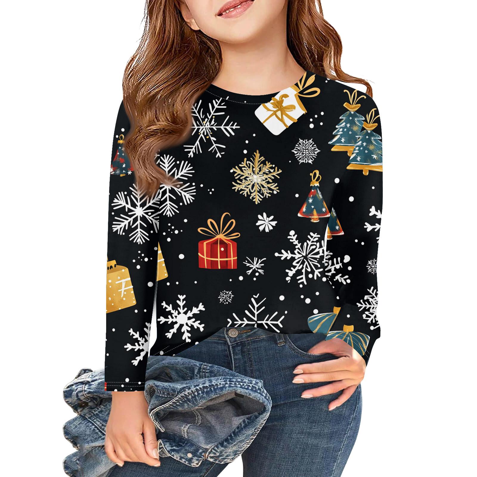 

Рождественские футболки с длинным рукавом для девочек, детские осенние топы с круглым вырезом и принтом, базовые футболки 110