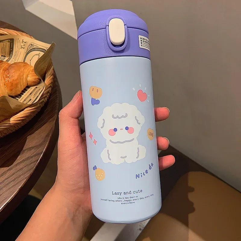 JUSTINLAU Bear Cups 380ml Cartoon Thermos for Girl Cute Little Student Portable Straw Water Bottle Thermos Vacuum Flask Drinking