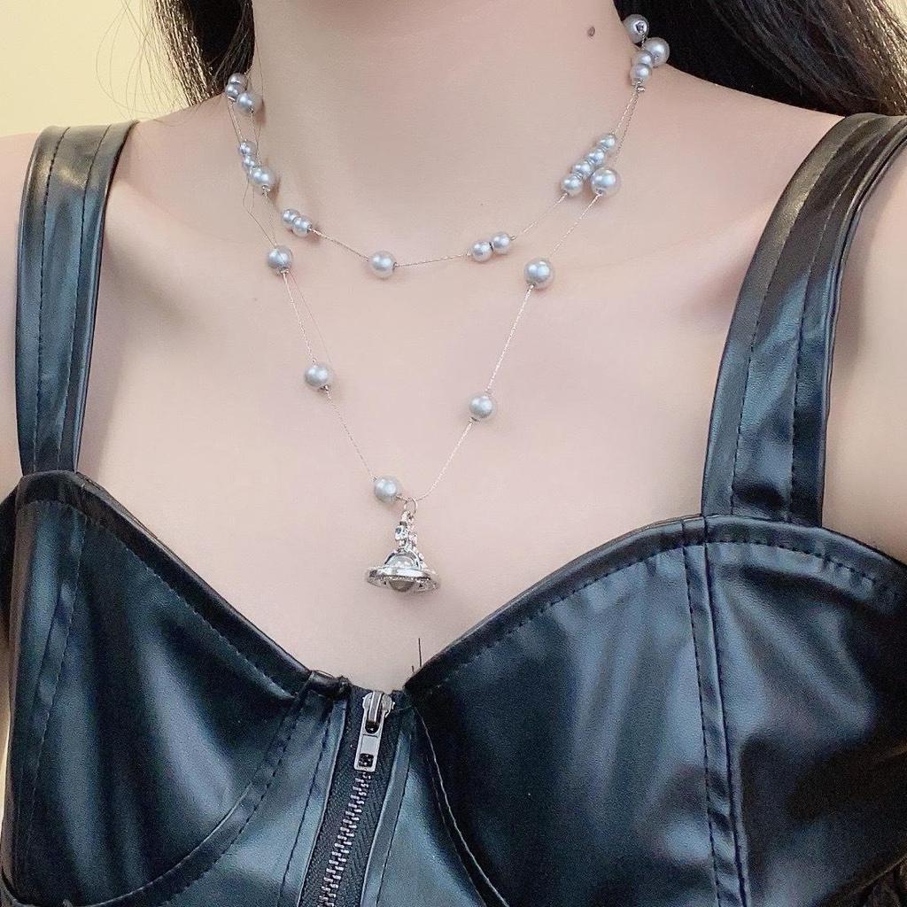 Damen Graue Imitationsperlen Raumschiff-Anhänger Mehrlagige Schlüsselbeinkette - Trendiges High-End-Design