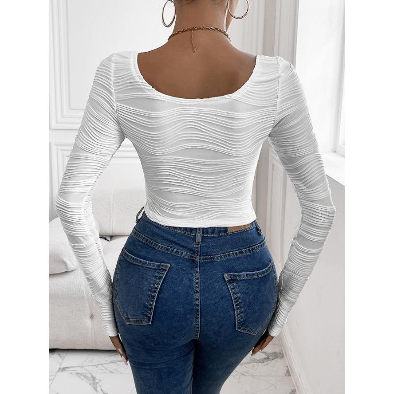 Fashion Elegant Long Sleeve Pleated Sexy Women T-Shirt Slim Fit New Crew Neck Curved Texture Office Crop Blouse Spring and Autumn Irregular Shirt Tops